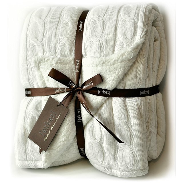 Cable Knit Sherpa Oversized Throw Reversible Blanket Faux Sheepskin Lined Cozy Cotton Blend Sweater Knitted Afghan in Grey White or Turquoise Blue (X-Large Off White)