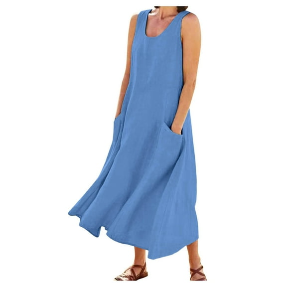 Womens Solid Color Round Neck Pockets Casual Long Dress Daily Tank Dress