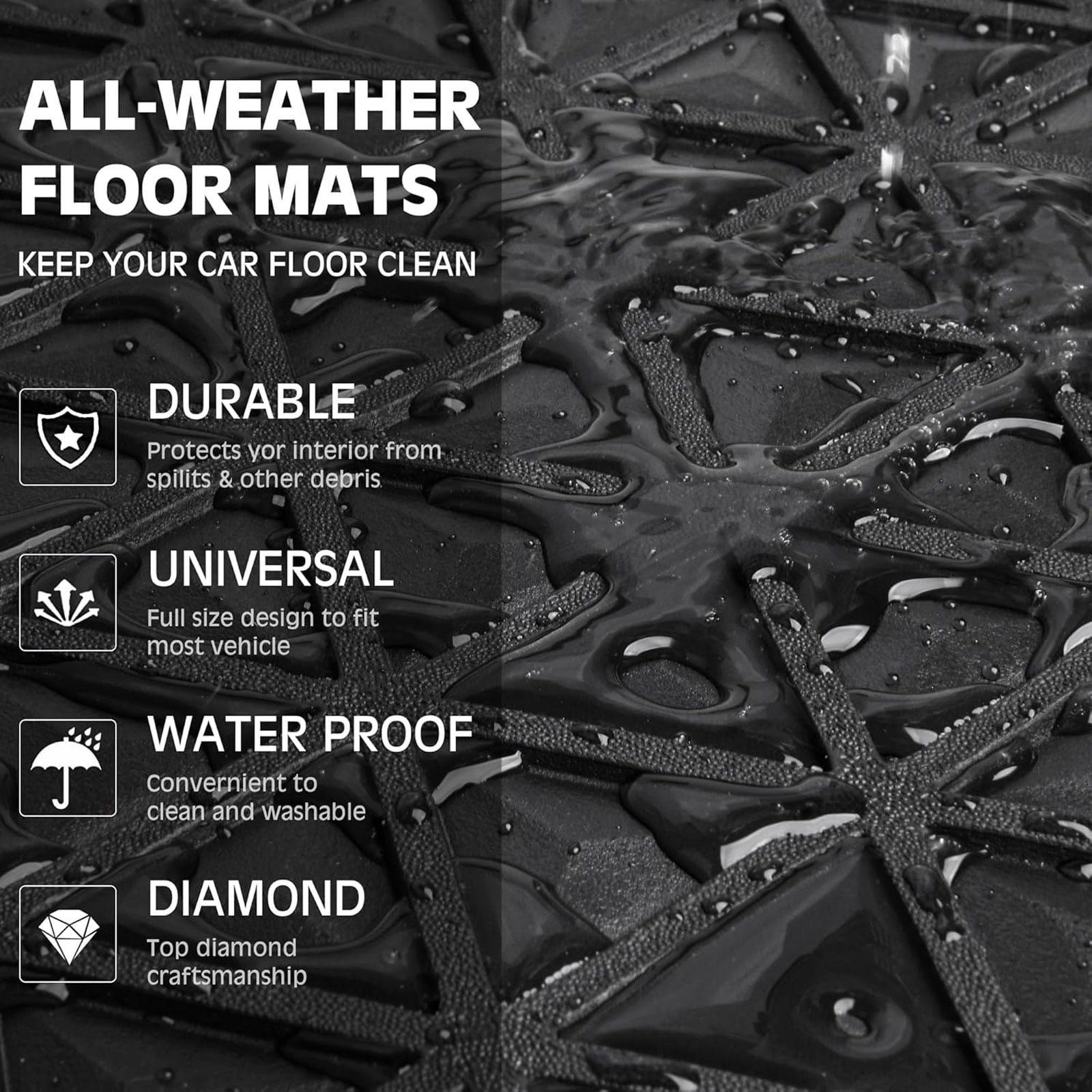 CAR GRAND Bling diamond rubble automotive floor mats full set anti-slip water proof universal fit glitter crystal sparkly shining rhinestone girl woman lady femal Black