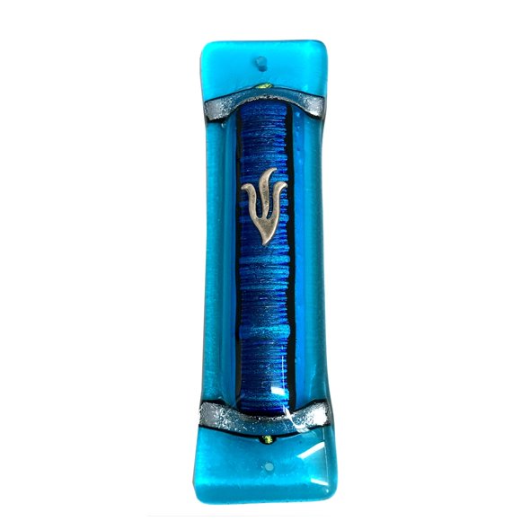 Mezouza en Verre Art Bleu Acordéon - Boîte Cadeau et Parchemin Non Casher Inclus - Fabriqué à la Main aux États-Unis