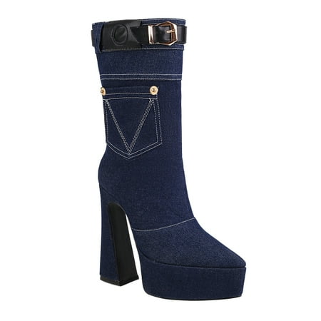 

PMUYBHF Solid Denim Water Proof Platform Pointed Toe High Heel Belt Buckle Women Mid Calf Boots 61.98