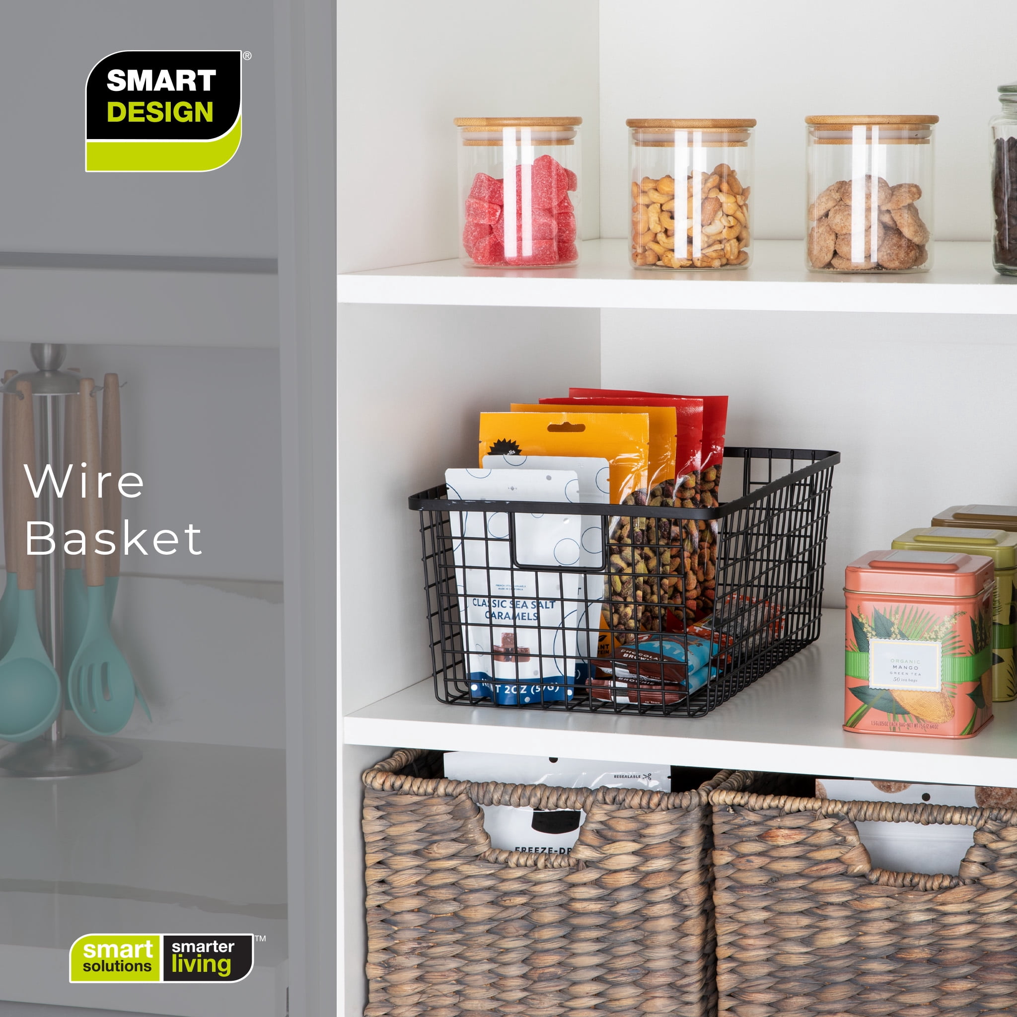 Smart Design Nestable Basket Organizer with Handles - 9 x 16 x 6 inch - Black - Set of 4