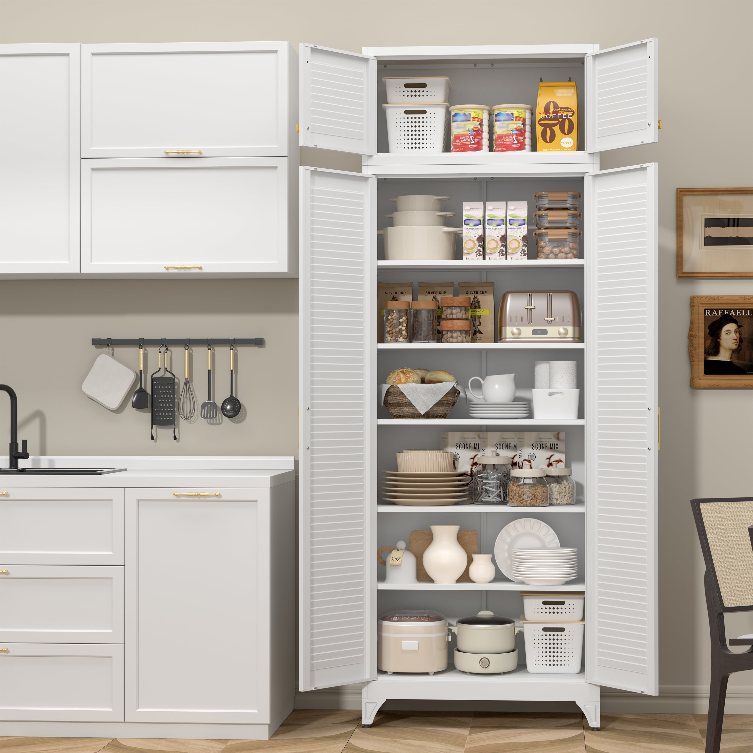 Polup 90" Height Modern Metal White Pantry Cabinet with 4 Doors and Adjustable Shelves, 1 Pack
