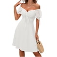 thumbnail image 2 of Womens Summer Sweetheart Neck Short Puff Sleeve Mini Drawstring Casual Slim Flowy Dress Sundress, 2 of 6