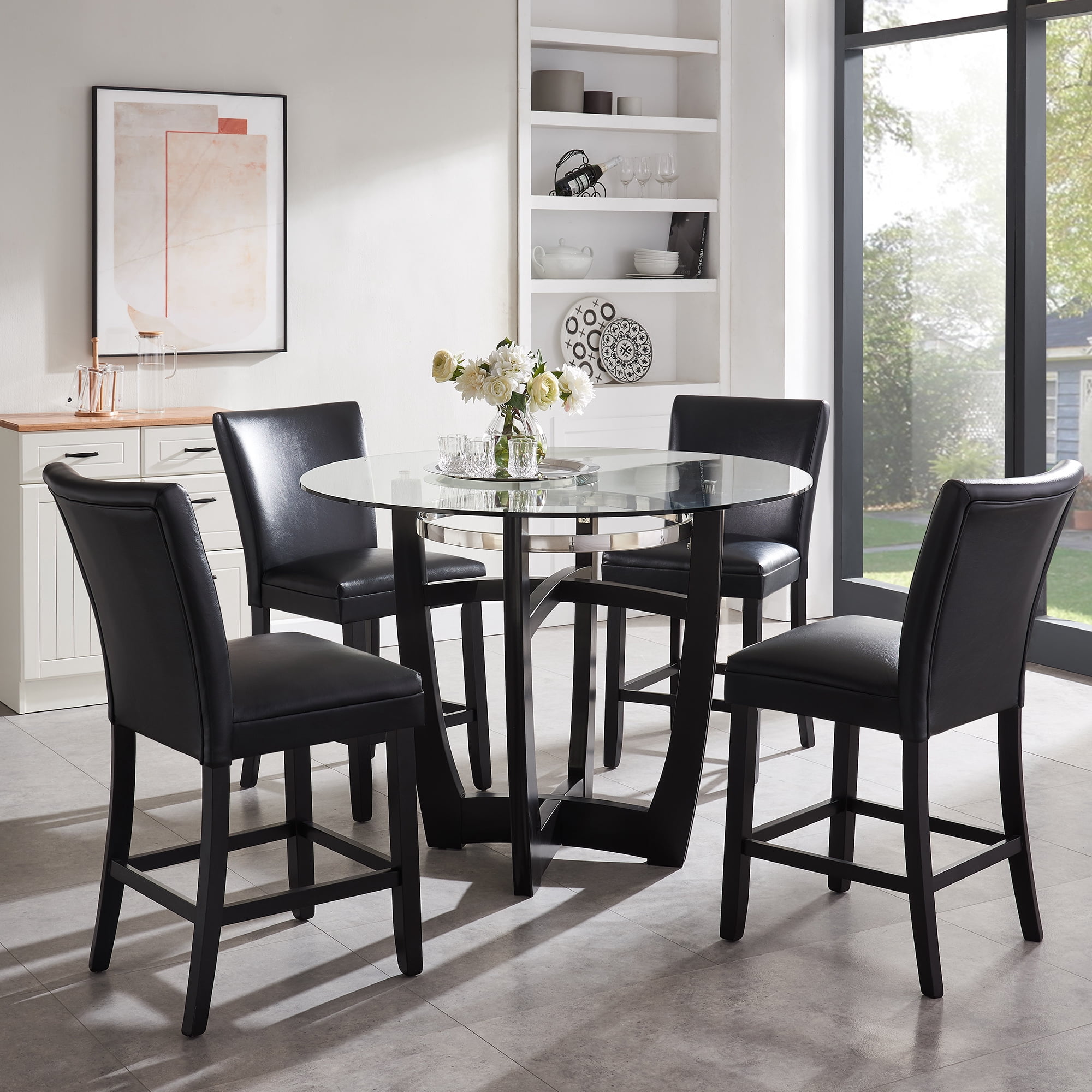 BAXMUY Set of 4 Counter Height Bar Stools, 25.6" Seat, Black, Solid Wood & Faux Leather Bar Chairs for Kitchen Island & Home Bar