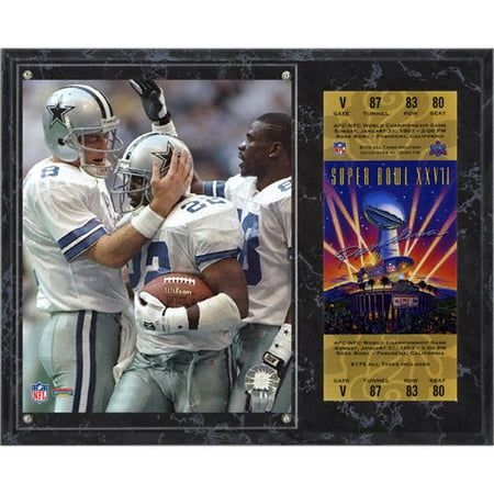 NFL - Troy Aikman, Michael Irvin, Emmitt Smith Sublimated 12x15 Plaque | Details: Dallas Cowboys, Super Bowl XXVII, with Replica ticket