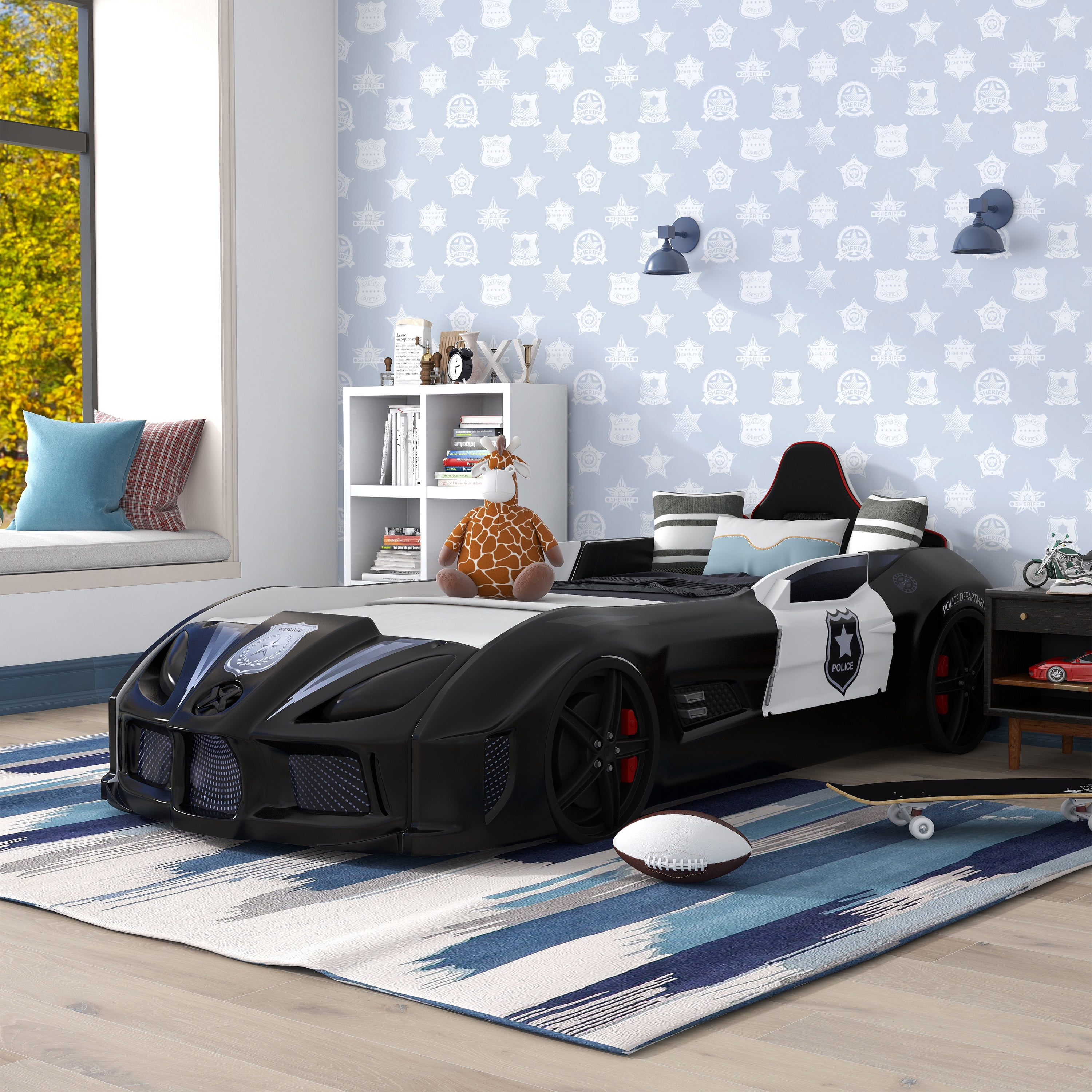 Furniture of America Dash Kids Plastic Twin Race Car Bed with LED and Sound, Black and White