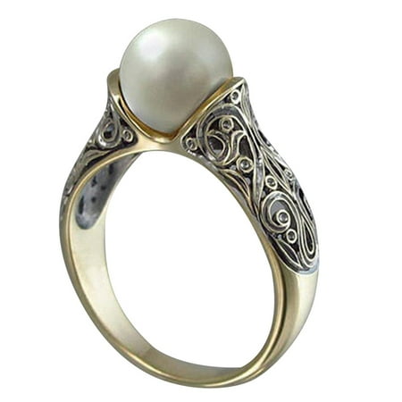 KABOER Vintage S925 Silver Gold Plated Jewelry Ring Artificial White Pearl Women Ring For Wedding Engagement Casual