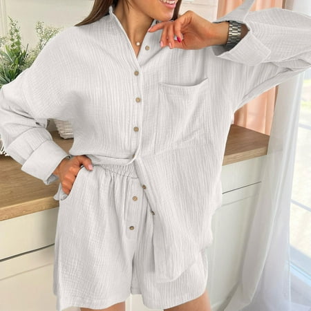 

Xysaqa Pajamas Women s Long Sleeve Sleepwear Soft Button-Down Shorts Set Comfy Cotton Loungewear Pjs Set 2 Piece Outfits Nightwear