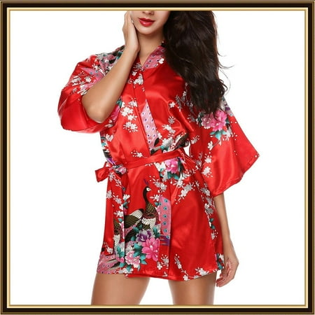 

QWERTYU Women s Short Sleeve Bathrobe Silky Robes Bride Party Floral Kimono Sleepwear Bridesmaid Robe Satin Loungewear Red 2XL