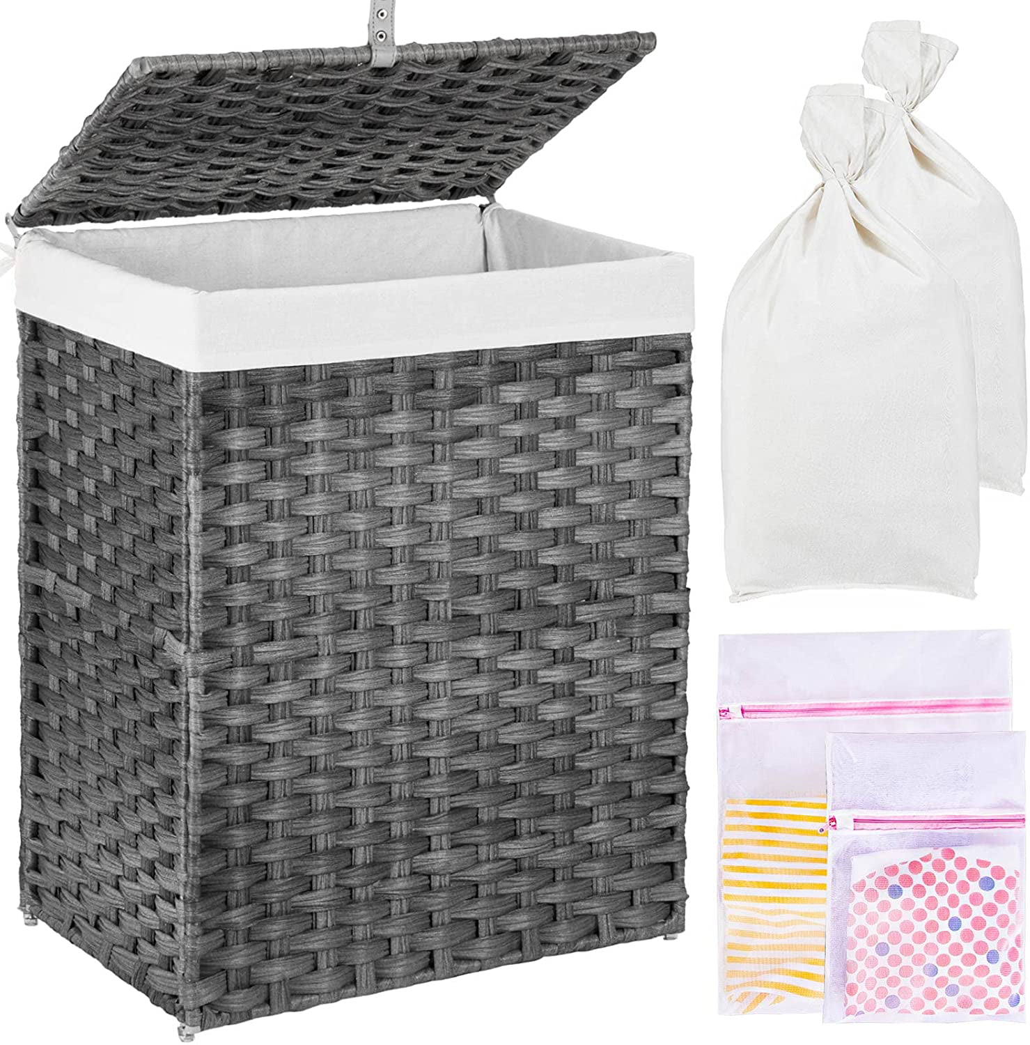 Lidded Grey Wicker Corner Linen Laundry Basket with Cotton Liner 