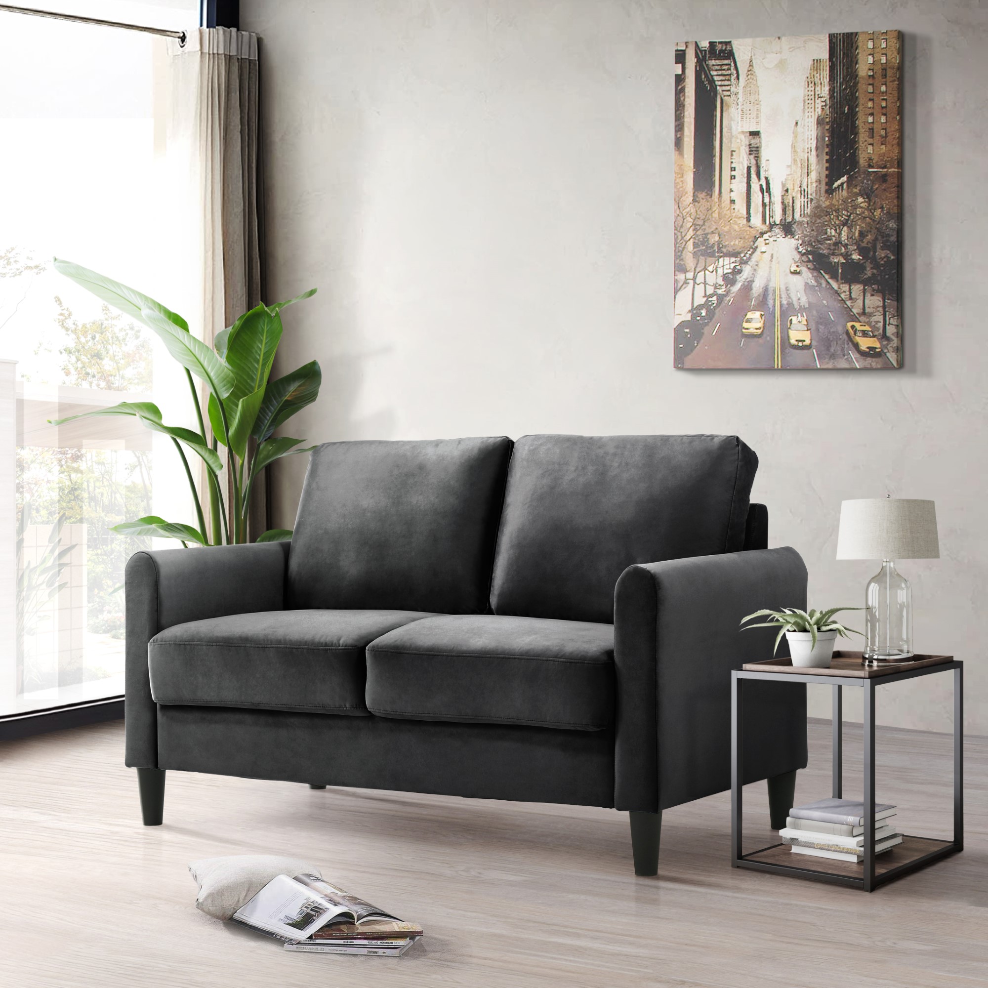 Home Design Airell Velvet Arm Loveseat with Plush Armrests and Sleek Black Legs, Modern Upholstered Design for Living Room, Dark Gray