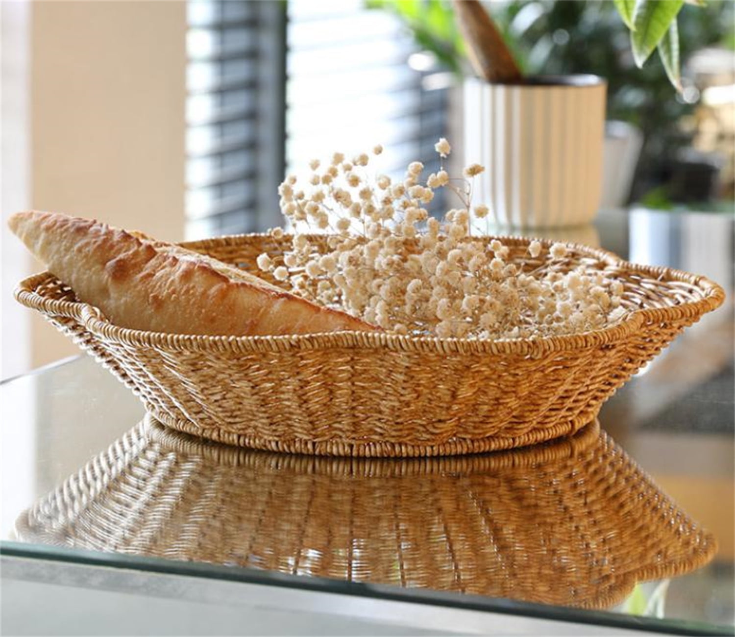 Rattan Round Woven Basket,Happon Round Serving Bowl,Decorative Basket Serving Basket for Kitchen Countertop Organizing