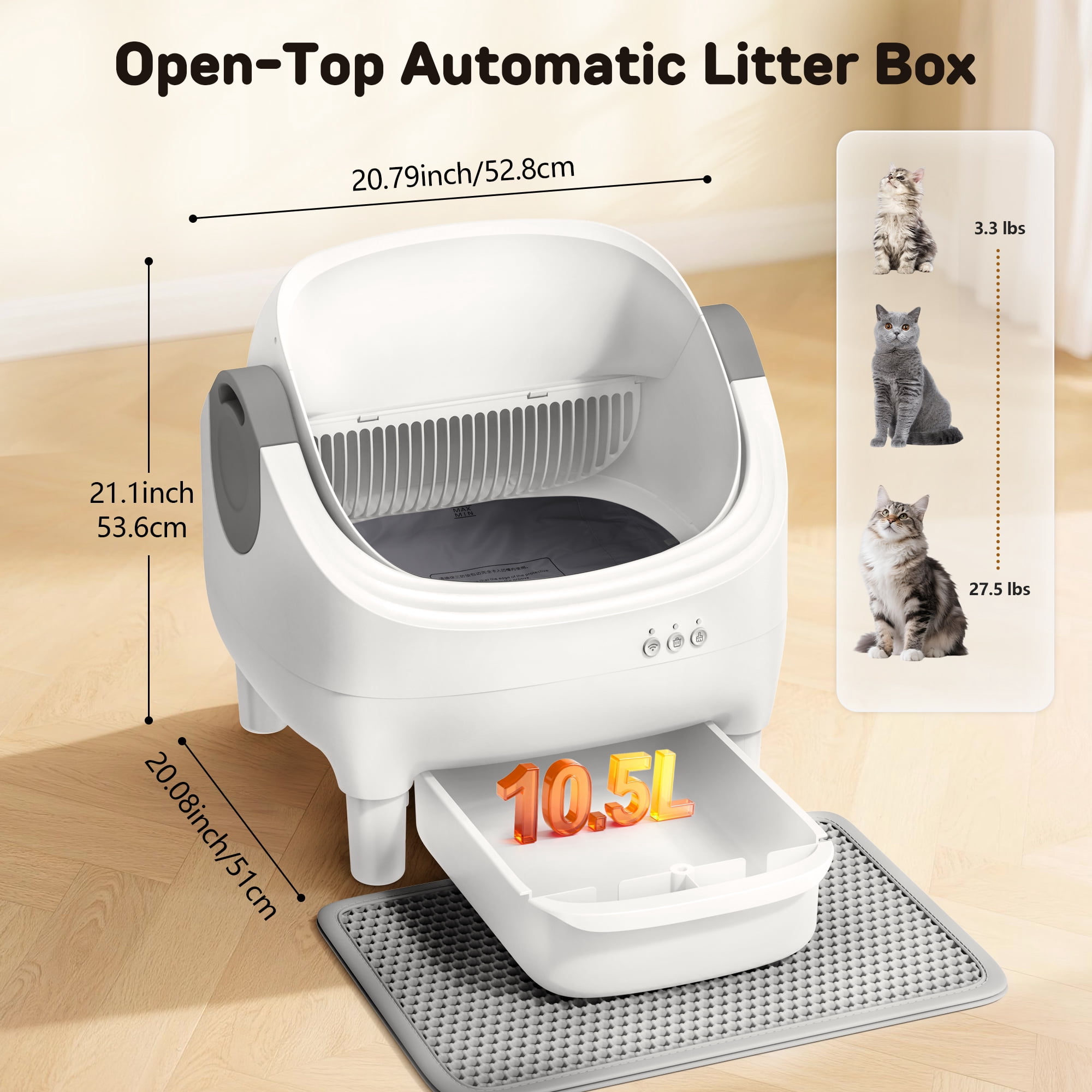 Osoeri Self Cleaning Cat Litter Box, Automatic Litter Box Self Cleaning ,Open Top Large Litter Box for Multiple Cats,with Safety Protection, APP Control,Odor Removal,Mat and Waste Bags Included, Gray
