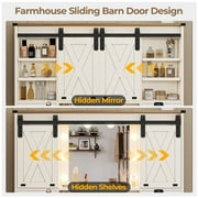 Farmhouse Makeup Vanity Desk with Lighted Hollywood Mirror and Storage for Bedroom,Large Vanity Desk with Charging Station, Dressing Table with Shelves & 3 Drawers & 2 Cabinets, Lights Adjustable