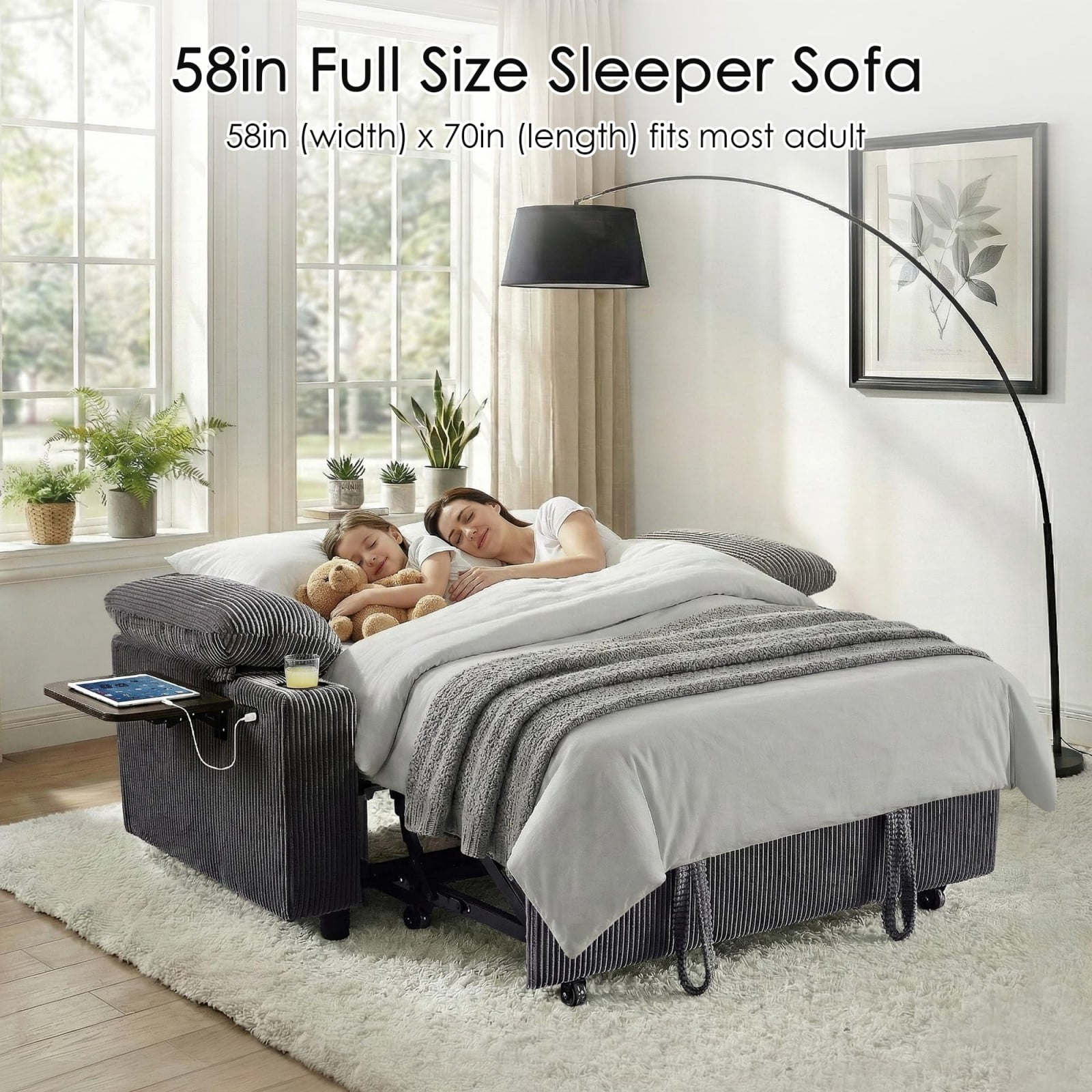 58" Sleeper Sofa Bed, Convertible Pull Out Couch Full Size Loveseat with Corduroy Fabric, USB Charging, Adjustable Backrest for Living Room Apartment Office, Dark Gray