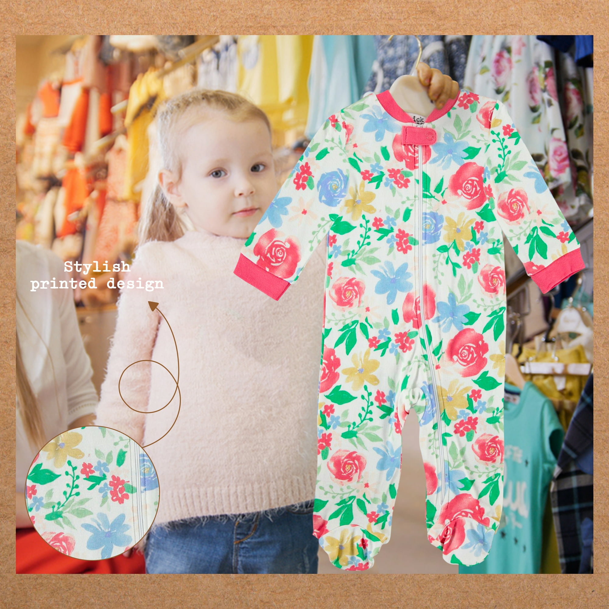 Chick Pea Baby Girl 2-Piece Footed Coverall Set Matching Headband Floral Pajamas, Sizes Newborn-9 Months