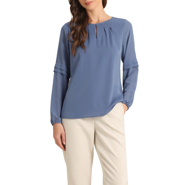 Blusa de gasa para mujer Inspire Chic con cuello de ojal, mangas de patchwork, elegante para el trabajo, talla S azul