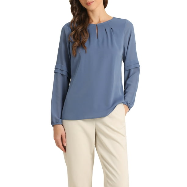 Blusa de gasa para mujer Inspire Chic con cuello de ojal, mangas de patchwork, elegante para el trabajo, talla S azul