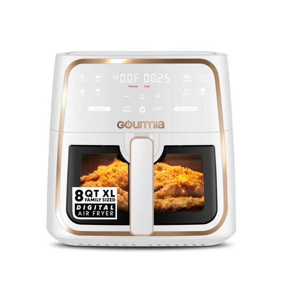 Gourmia 8 Qt Air Fryer, 8 Presets with Digital Display, FryForce 360° Technology, Easy View Window & Interior Light, Dishwasher Safe Basket, White