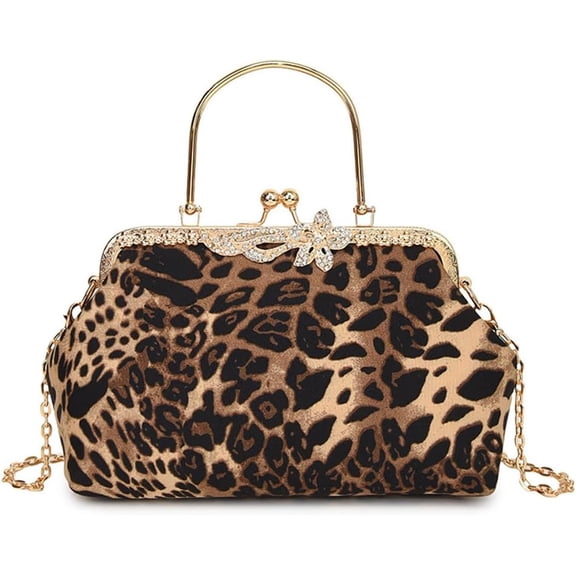 Leopard Evening Clutch Purse with Chain Cheetah Print Kiss Lock Evening Handbag and Purse Party Prom Evening Tote Bags