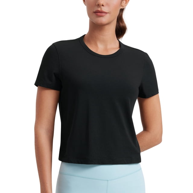 Remera CRZ YOGA Crop Top de Algodón Pima Cuello Alto Negra Talle M