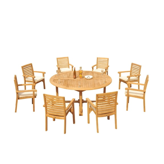 Grade-A Teak Dining Set: 8 Seater 9 Pc: 72" Round Table And 8 Hari Stacking Arm Chairs Outdoor Patio WholesaleTeak #51HR1709