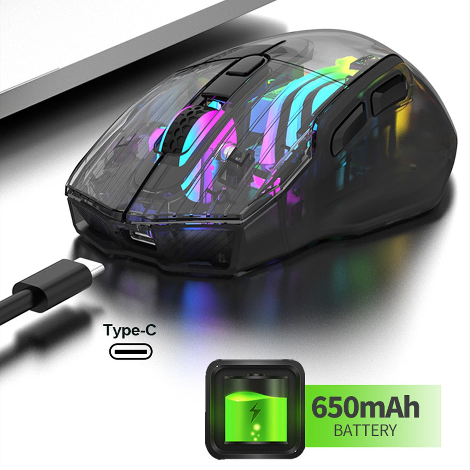 Bluetooth Wireless Mouse with Transparent Crystal Shell, Tri-Modes (USB Wired+2.4G Wireless+Bluetooth), Five Speed DPI,Silent Click,RGB Backlit, Used for Gaming and Esports(Black)