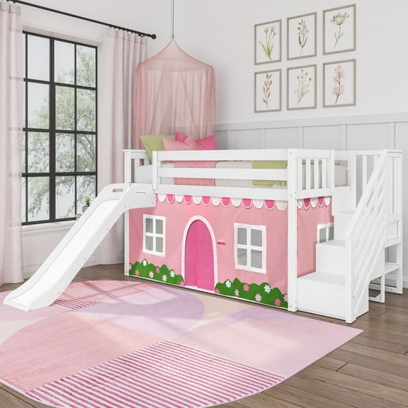 Low Loft With Stairs, Easy Slide & Light Pink & White Farmhouse Curtain, White