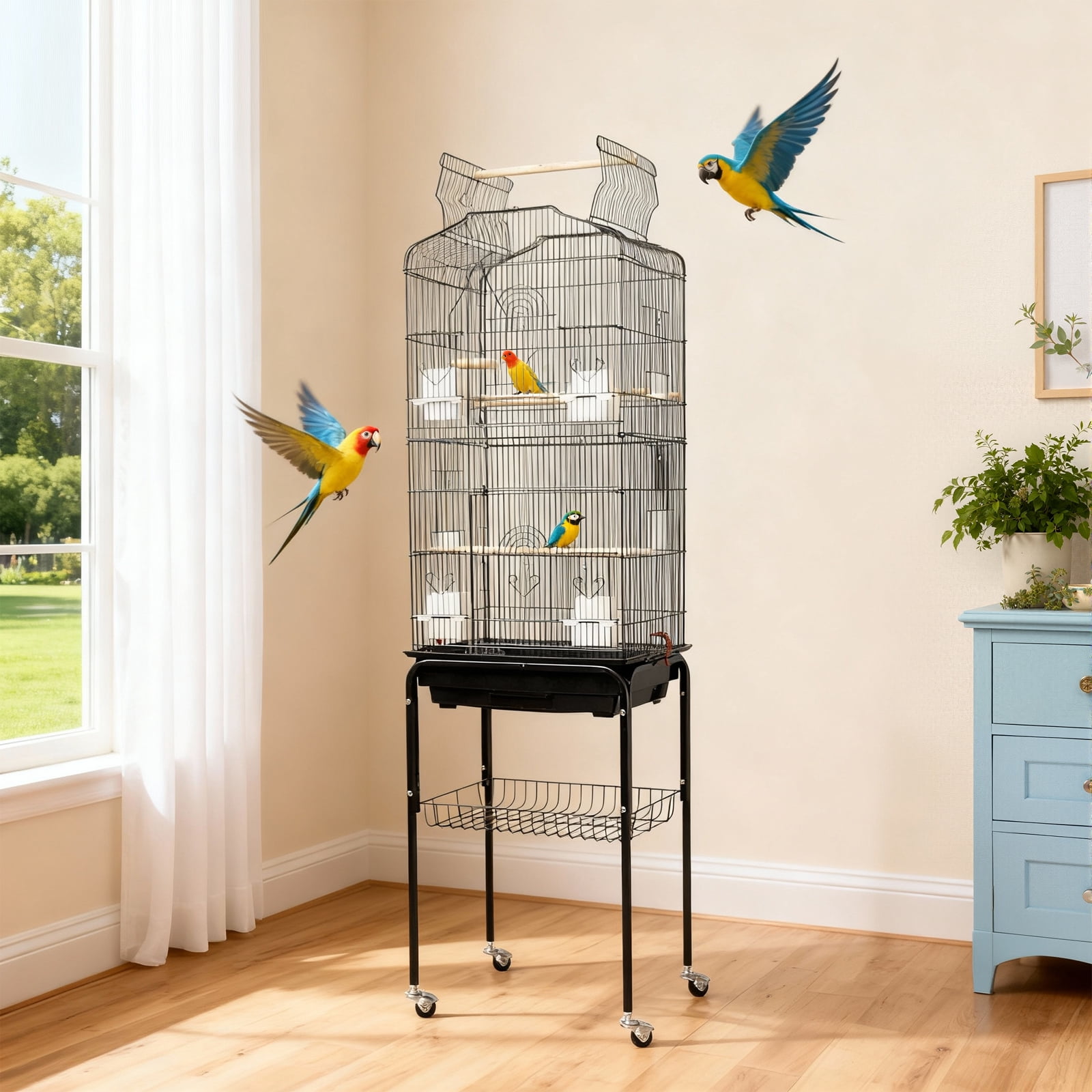 Accreate 40-Inch Wrought Iron Bird Cage with Pull-Out Tray & 360° Swivel Casters, Metal Flight Cage with Open Top Play Area & Feeders for Cockatiels, Parakeets, Conures, Finches, Budgies