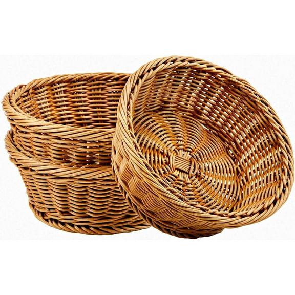 Woven Basket, 3 Pcs Poly-Wicker Bread Storage Baskets for Food Fruit Vegetables, Shallow Shop Supermarket Display Serving Restaurant Home Kitchen, Round/Brown (20 * 20 * 7.5CM)
