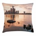 thumbnail image 1 of Detroit Decor Throw Pillow Cushion Cover, Idyllic Sunset View High Rise Buildings Riverfront Rocks Calm Peaceful, Decorative Square Accent Pillow Case, 16 X 16 Inches, Coral Dark Brown, by Ambesonne, 1 of 2