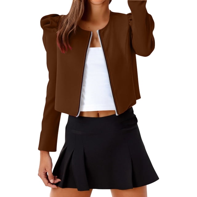 Liquidation de Chemises pour Femmes Chemises pour Femmes en Mélange Couleur Unie Col Rond Fermeture Éclair Veste Bouffante à Manches Longues pour Femmes
