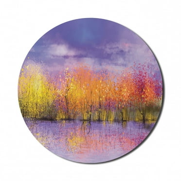 Autumn Mouse Pad for Computers, Seasonal Landscape Paint with Shady Fall Trees by River Pastel Artwork Print, Round Non-Slip Thick Rubber Modern Mousepad, 8" Round, Lavender Yellow, by Ambesonne