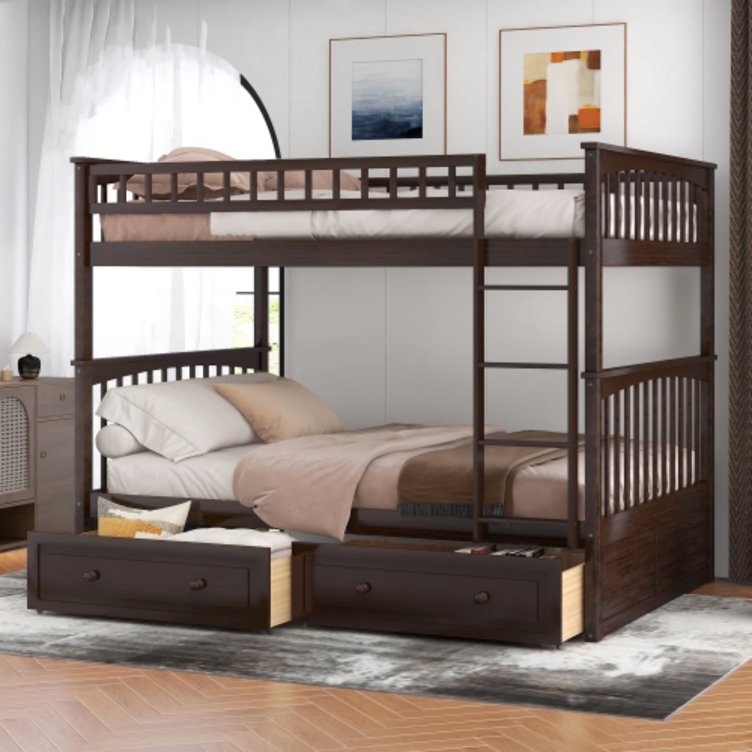Full Over Full Bunk Bed with Storage Drawers, Convertible Wood Bunk Bed Frame with Safety Guardrails, Solid Pine Wood Kids & Adult Bed for Bedroom, Espresso