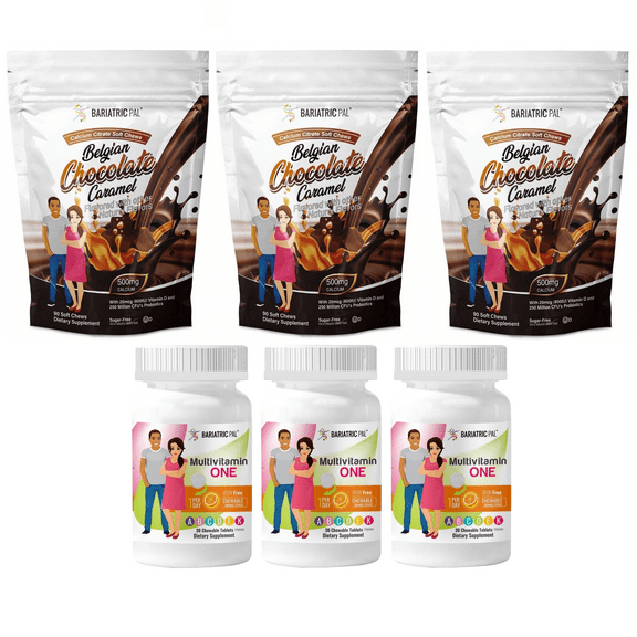 Gastric Bypass Complete Vitamin Pack - Chewables Size: 1-Month Supply, BariatricPal Multivitamin ONE: Orange Citrus Chewable - Iron Free, BariatricPal Calcium Citrate Chews: Belgian Chocolate Caramel