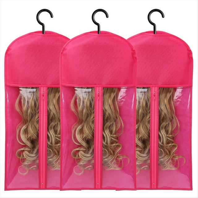 3 Piezas Soporte para Extensiones Cabello Almacenamiento Pelucas para Múltiples Soportes para Pelucas Bolsas para Pelucas con Colgador Almacenamiento Extensiones Cabello Rosa Rojo