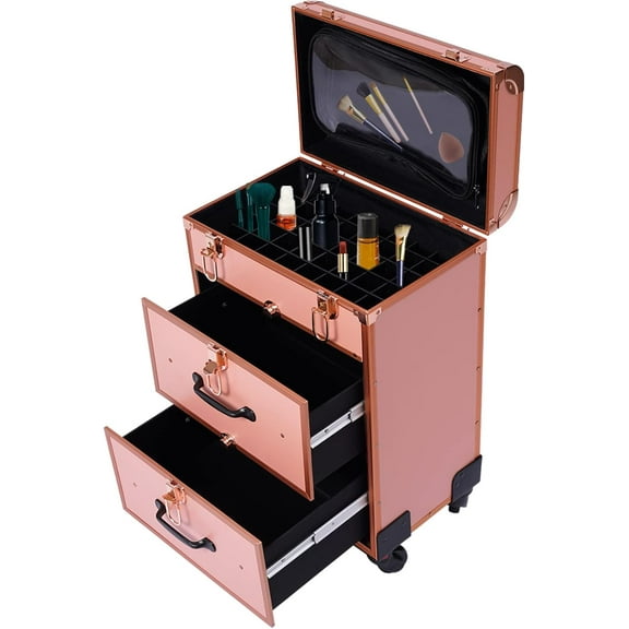 Rolling Case, 3 Layers Professional Large Cosmetic Trolley Train Cases with Locks Makeup Travel Case with Wheels Make up Suitcase Storage Organizer for Make-up Artists, Hairdressers (Rose Gold)