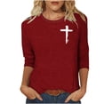 thumbnail image 2 of T-Shirt for Women Crewneck Three Quarter Sleeve Vintage Loose Fit Artistic Cross Graphic Print Soft Lightweight Daily Apparel, 2 of 5
