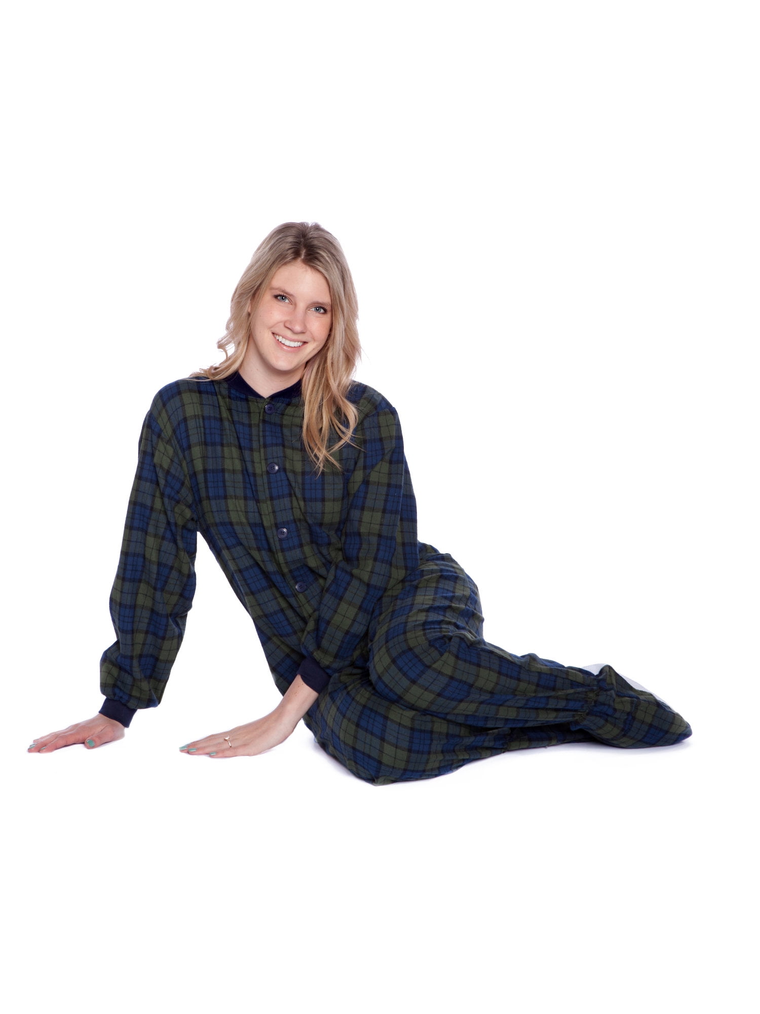 Navy Blue & Green Plaid Lightweight Cotton Flannel Adult Footed Onesie Pajamas for Men & Women