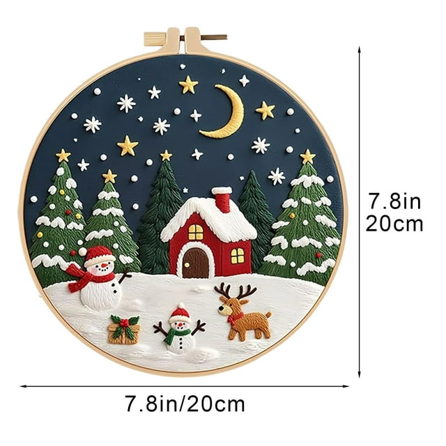 Beginner Embroidery Kit for Christmas DIY Projects with Printed Cloth, 3 Needles, English Instructions, and 20 cm Hoop