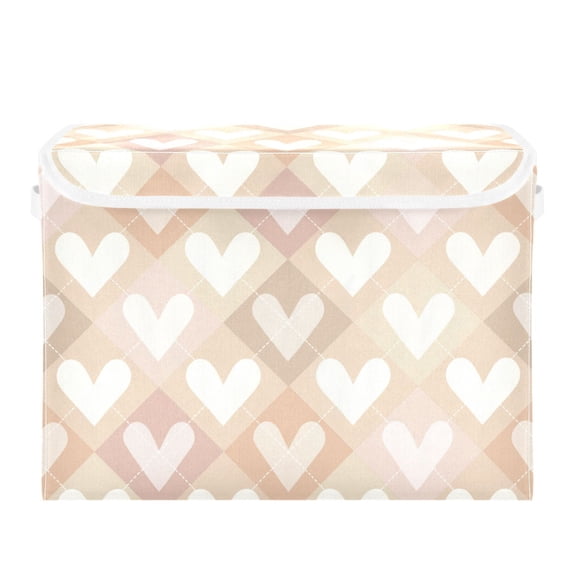 Beige Diagonal Plaids Valentine Hearts Foldable Storage Bins with Lids Handles Collapsible Storage Containers Tote Boxes 16.5 x 12.6 x 11.8 inches