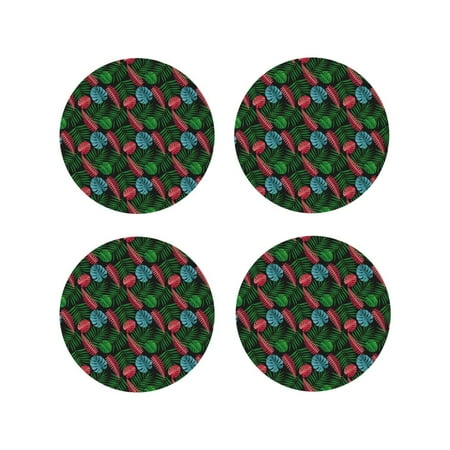 

Leather Coasters Set of 4 - Palm Green Leaves Lightweight Non-Slip Drink Coasters for Desk Anti-Scalding Desk Cup Coasters for Office Table Decor Round Shape
