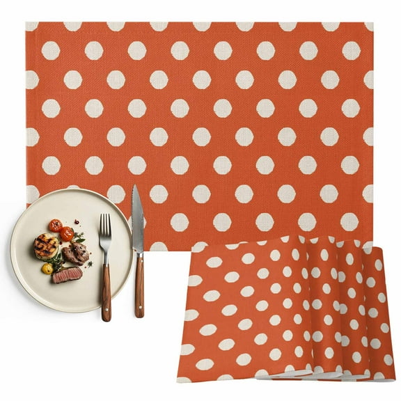 Placemats Set of 4, Orange Polka Dots Place Mats Cute Solid Color Tablemats Washable Placemat Table Decoration for Kitchen Table Dinner Party Home Decor Indoor Outdoor 13x19 Inch