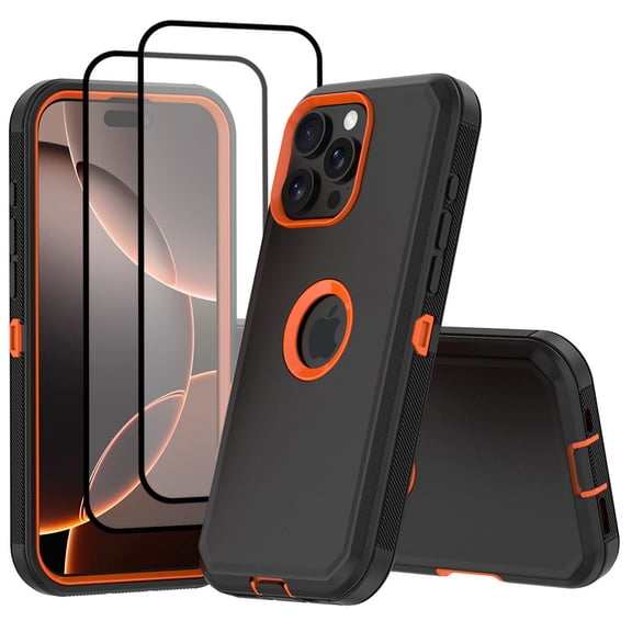 Hotpom for iPhone 13 Pro Case with 2 Pack Screen Protector Slim Shockproof Dust/ Drop Proof Protection Women Men universal Phone Cover, Black/Orange