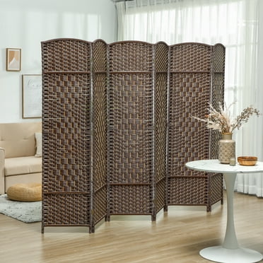 HOMCOM 6 Panel Room Divider, 6' Tall Folding Privacy Screen, Hand-Woven Freestanding Wood Partition for Home Office, Bedroom, Brown