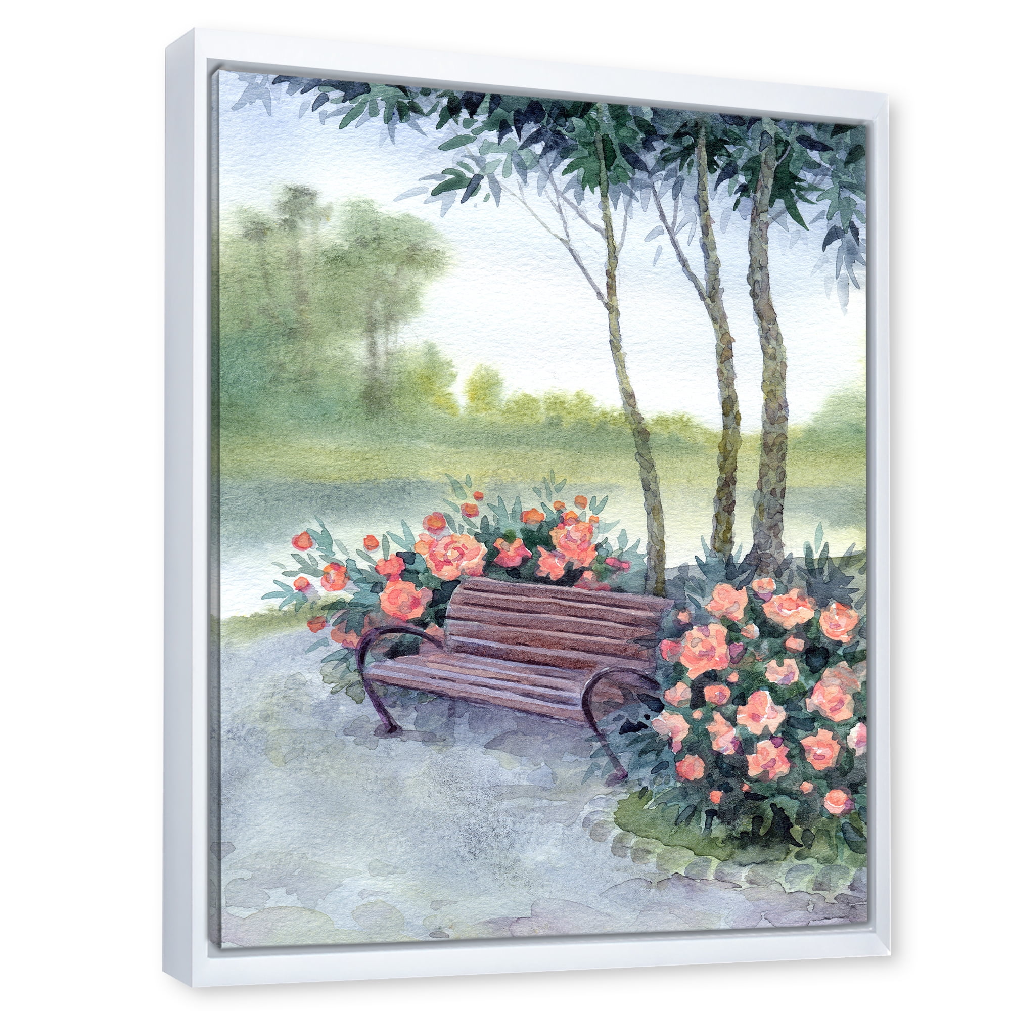 Designart 'Bench In Park By The Pions Flowers Bushes' Traditional Framed Canvas Wall Art Print