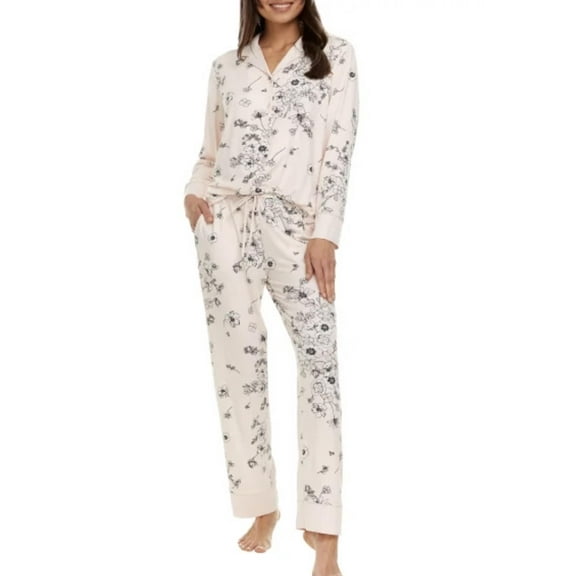 Flora Nikrooz FN Women's 2 Piece Super Soft Satin Trim Notch Collar Pajama Sleep Lounge Set (US, Alpha, Small, Regular, Regular, Pink)