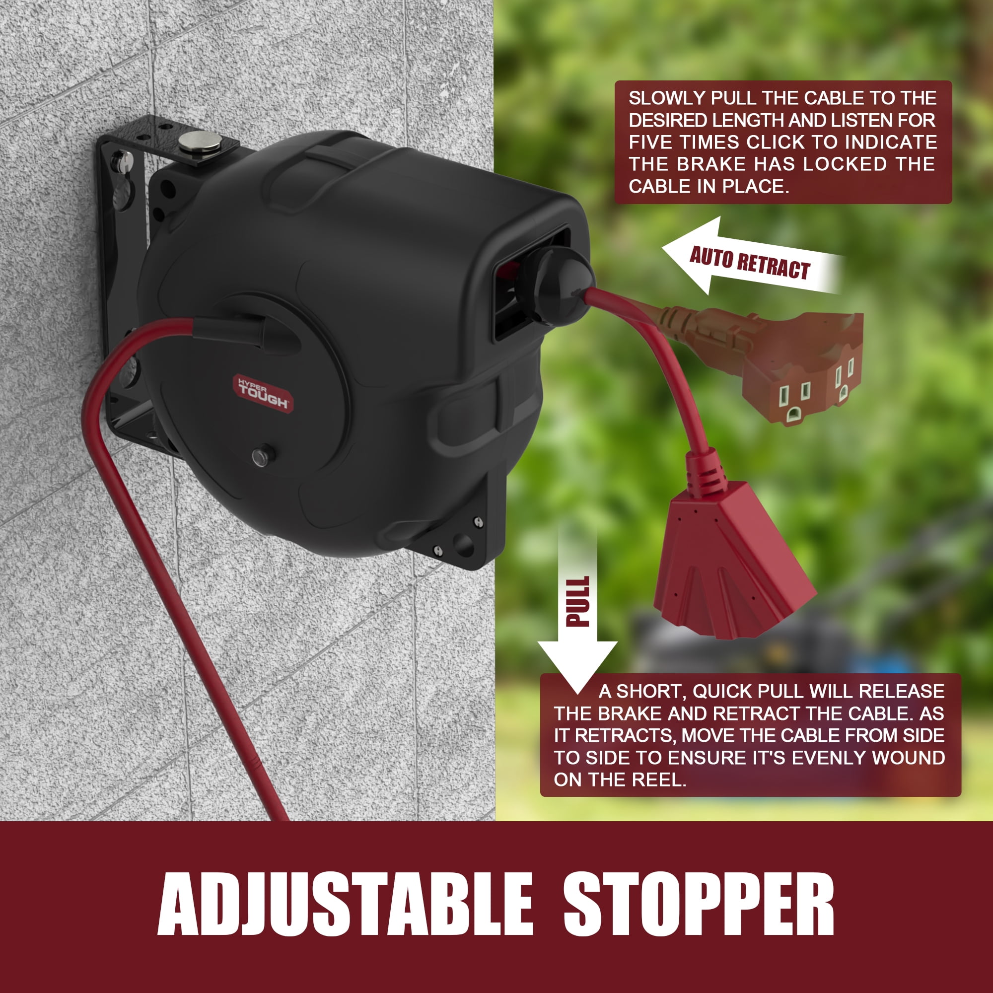 Hyper Tough 33' Auto-Retractable Extension Cord Reel, 16/3 AWG SJTW Cord, Grounded Triple Tap Outlet, Black/Red
