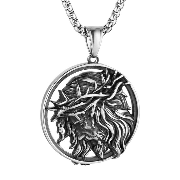HZMAN Mens Stainless Steel Crown of Thorns Head of Jesus Christ Pendant Necklace Round Medal Prayer Pendant with 24 Inch Chain